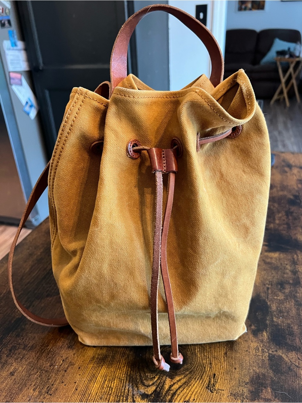 Madewell Mustard Yellow Canvas Drawstring Backpack with Leather Trim